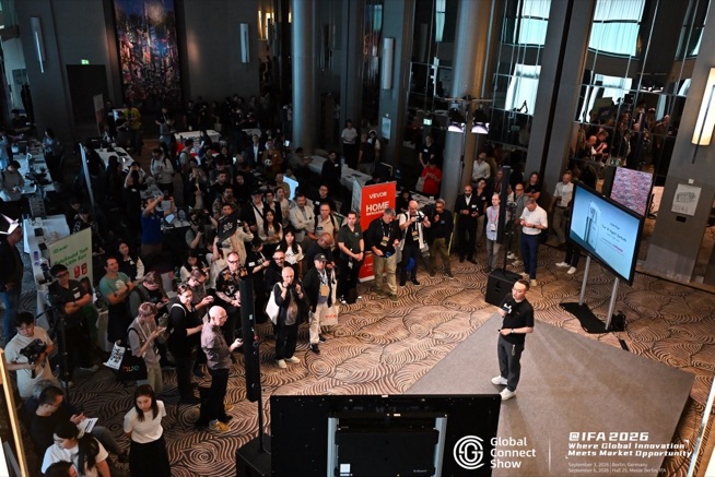 A crowd gathers around the stage for brand pitches at GCS @IFA 2026
